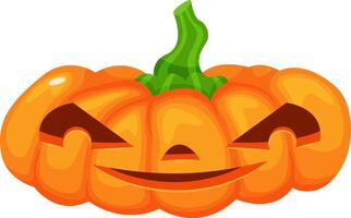 Halloween pumpkin with carved scary face smiling menacingly, featuring a green stem and an orange rind, creating a spooky and festive atmosphere vector