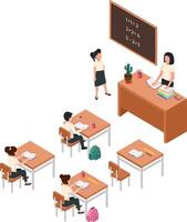 Isometric classroom environment with pupils sitting at desks reading books while teacher is standing at her desk explaining lesson, elementary school education concept vector
