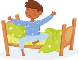 Young boy waking up in bed, stretching arms wide and yawning, embracing a refreshing morning routine. Brightening the day with energy and joy in a cozy bedroom vector