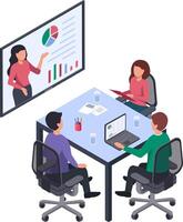 Business team meeting, analyzing financial charts and graphs, discussing data, working together on project strategy, making business decisions, office teamwork concept vector