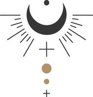 Minimalist esoteric symbol featuring a crescent moon emitting beams of light, crosses, and circles, creating a mystical and spiritual atmosphere vector