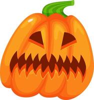 Spooky Halloween pumpkin featuring a menacing face with sharp teeth, glowing eyes, and a vibrant green stem, enhancing the festive and eerie atmosphere of autumn celebrations vector