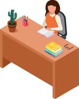 Office worker reading a book while sitting at a desk, wearing glasses, with a cactus and a stack of books nearby, creating a cozy and focused workspace in an isometric illustration vector