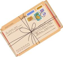 Bundle of old fashioned postcards and envelopes secured with string, adorned with various stamps and handwritten addresses, evokes a sense of nostalgia and traditional communication vector