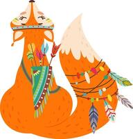 Cartoon fox featuring vibrant tribal face paint, wearing a quiver filled with arrows and adorned with colorful feathers on its tail, embodying a playful boho chic aesthetic vector