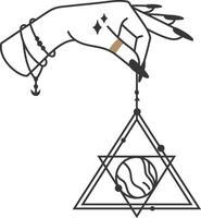 Hand adorned with black nails and esoteric jewelry, holding a planet within a triangle and star shapes, embodying mystical and spiritual themes of the occult and astrology vector