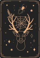 Mystical gold line art illustrating a deer head with cobwebs on antlers, a spider above, flowers beside, and stars and geometric shapes on a black background vector