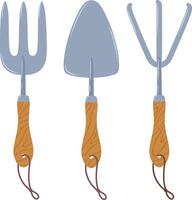 Gardening tools set including hand rake, trowel and hand fork with wooden handle and steel tip isolated on white background representing gardening, planting, hobby and agriculture vector