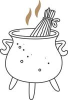 Simple line drawing depicting a steaming cauldron brewing a magical potion, filled with herbs and swirling smoke, ideal for Halloween or enchanting fantasy themed projects vector
