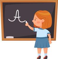 Red haired schoolgirl in uniform writing the letter a on a blackboard with chalk during a classroom lesson, embodying the back to school theme and the joy of learning vector