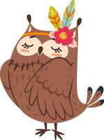 Adorable cartoon owl with closed eyes, wearing a headband decorated with colorful feathers and flowers, creating a charming and whimsical image vector