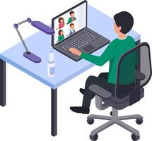 Office worker attending online meeting using laptop, communicating with colleagues via call, working remotely from home, using conferencing software for business communication vector