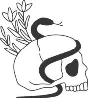 Black and white illustration of a snake wrapping around a skull with flowers and leaves growing from it, representing themes of life, death, and nature vector