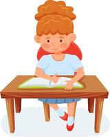 Redhead schoolgirl sitting at a wooden desk, engrossed in reading a book, embracing the joy of education and discovering new knowledge while cultivating her curiosity and love for learning vector
