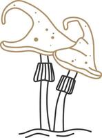 Minimalist illustration of two stylized mushrooms with long stems and spotted caps, growing from the ground, evoking a simple and natural aesthetic vector