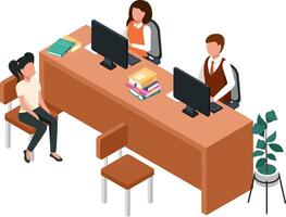 Library employees working with computers at information desk assisting a customer requesting information about books and documents in an isometric illustration vector