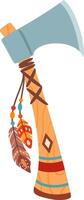 Tomahawk axe featuring a wooden handle adorned with vibrant feathers and beads, representing a traditional Native American weapon and tool, embodying rich cultural symbolism vector