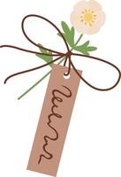 Single white anemone flower is tied with brown string to a rectangular light brown label with the word Love written on it in elegant cursive. Creating a simple yet beautiful expression of affection vector