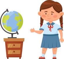 Schoolgirl in uniform with braids and a red ribbon, proudly displaying an earth globe while standing on a wooden school drawer during an engaging geography lesson for children vector