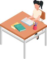 Diligent student girl sitting at a desk reading a book with other books and colored pencils nearby, focused on learning and studying for school vector