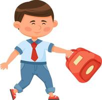Cheerful schoolboy wearing a uniform and red tie, walking happily while holding a red schoolbag. Capturing the essence of back to school excitement and the joy of learning vector