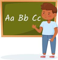 Schoolboy pointing at letters on a chalkboard while holding chalk, engaging in elementary school education and actively participating in the learning process within the classroom vector
