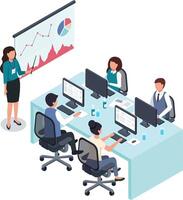 Businesswoman using pointer while giving presentation to office workers sitting at computers with increasing line graph and pie chart displayed on projection screen in isometric illustration vector