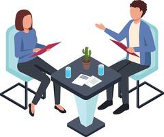 Two business partners are discussing during business meeting at office table, holding documents and sitting on chairs, isometric illustration vector