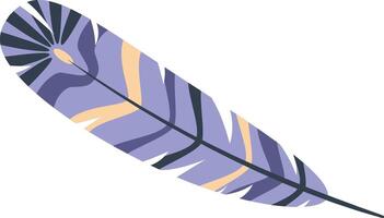 Light purple feather falling with dark purple and beige stripes, with a dark purple radial pattern at its tip and a thin dark gray stem, isolated illustration on a white background vector