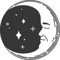 Minimalist illustration of a crescent moon with a serene face sleeping among small stars and plus signs, creating a peaceful and dreamy atmosphere vector