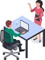 Office worker sitting at desk with laptop open on spreadsheet while businesswoman stands and explains, holding folder in hand, isometric business illustration vector