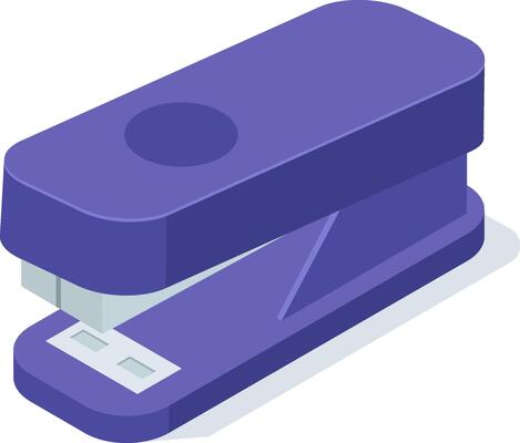 Isometric illustration of purple stapler standing on white background, useful for office work and representing stationery and binding documents