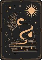 Gold snake resting on a human skull atop a stack of books, with flowers blooming under a starry sky, creating a mystical atmosphere ideal for tarot and occult themes vector
