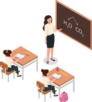 Chemistry teacher using pointer stick explaining chemical formula of water and carbon dioxide to students sitting at desks reading books in classroom, isometric illustration vector