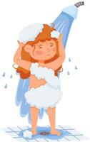 Happy redhead girl enjoying a refreshing shower, playfully washing her hair with soap foam while smiling, embodying a joyful daily hygiene routine and body care practice vector