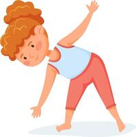 Redhead girl practicing yoga triangle pose, promoting physical activity, flexibility, and mindfulness in children, contributing to their overall health and well being vector