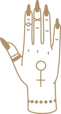 Minimalist line art drawing of a woman hand with venus and earth symbols, rings and long nails, representing esotericism, spirituality, and divination