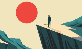Man People Silhouette Standing on Rocky Cliff Top Landscape as Success Symbol with Sun in the Morning vector
