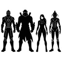 Futuristic Set of Six Cyberpunk Character Silhouettes with Unique and Intriguing Designs vector
