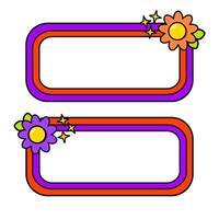 Cute name tag with retro flowers for label planner sticker. Rounded rectangle retro frame. Retro rainbow name tag frame. Pop retro groovy frame with retro flowers. 21 vector