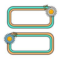 Cute name tag with retro flowers for label planner sticker. Rounded rectangle retro frame. Retro rainbow name tag frame. Pop retro groovy frame with retro flowers. 30 vector
