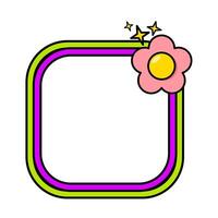 Retro rainbow frame. Square pop retro frame. Pop retro groovy frame with retro flowers. 08 vector