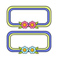 Cute name tag with retro flowers for label planner sticker. Rounded rectangle retro frame. Retro rainbow name tag frame. Pop retro groovy frame with retro flowers. 26 vector