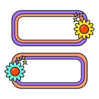 Cute name tag with retro flowers for label planner sticker. Rounded rectangle retro frame. Retro rainbow name tag frame. Pop retro groovy frame with retro flowers. 24 vector
