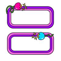 Cute name tag with retro flowers for label planner sticker. Rounded rectangle retro frame. Retro rainbow name tag frame. Pop retro groovy frame with retro flowers. 25 vector