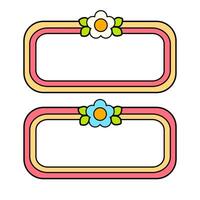 Cute name tag with retro flowers for label planner sticker. Rounded rectangle retro frame. Retro rainbow name tag frame. Pop retro groovy frame with retro flowers. 22 vector