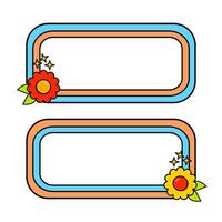 Cute name tag with retro flowers for label planner sticker. Rounded rectangle retro frame. Retro rainbow name tag frame. Pop retro groovy frame with retro flowers. 28 vector