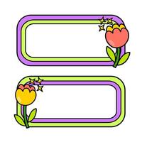 Cute name tag with retro flowers for label planner sticker. Rounded rectangle retro frame. Retro rainbow name tag frame. Pop retro groovy frame with retro flowers. 23 vector