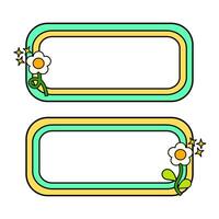 Cute name tag with retro flowers for label planner sticker. Rounded rectangle retro frame. Retro rainbow name tag frame. Pop retro groovy frame with retro flowers. 27 vector