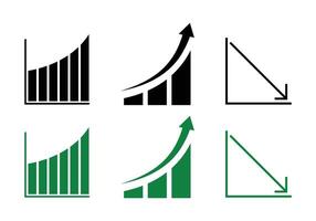 Curved upward bar chart, Exponential growth chart, Declining linear graph black and white icon set vector